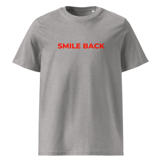 Smile Back organic graphic T-shirt with playful flirty quote printed on front in minimalist design