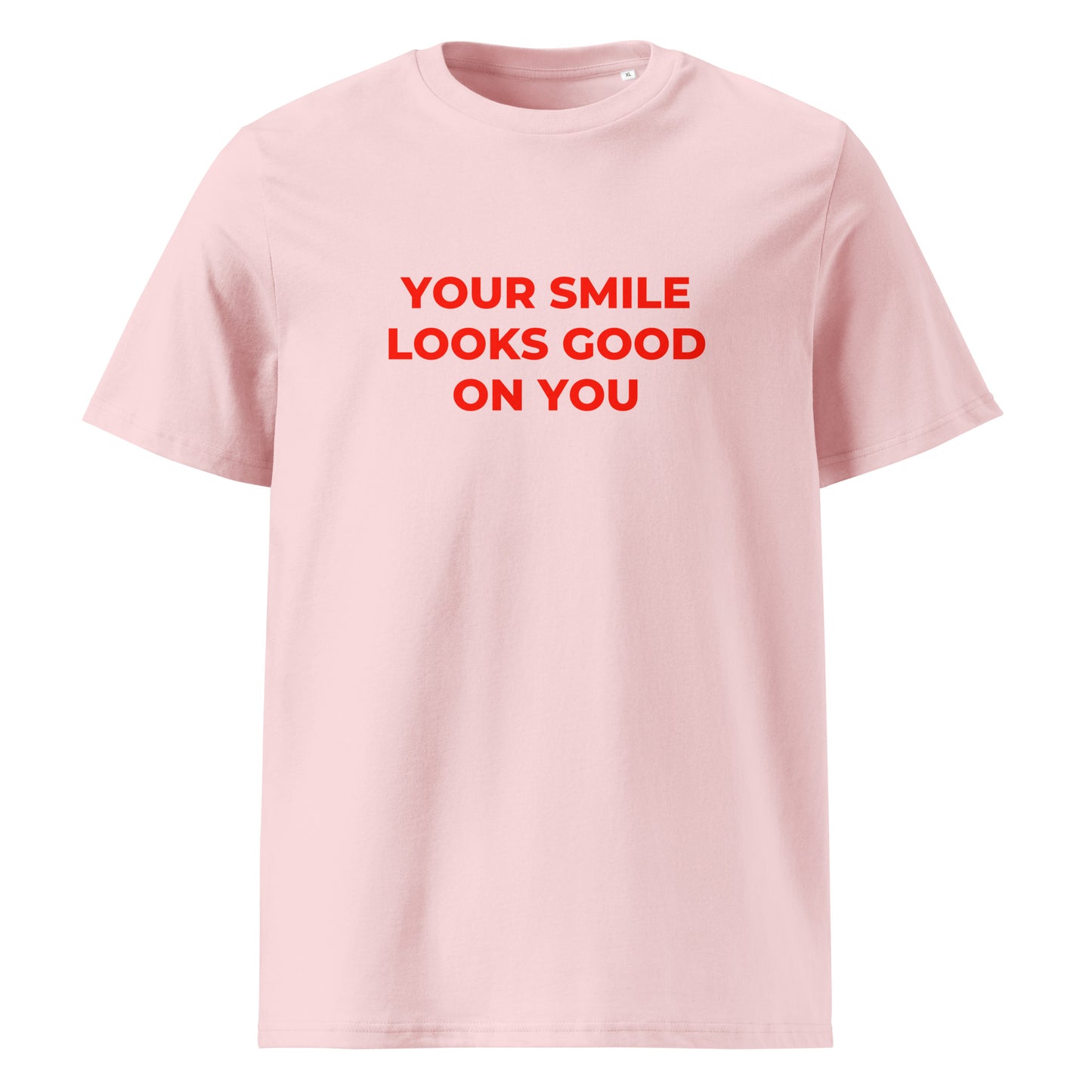 Your Smile Looks Good on You organic graphic T-shirt with positive quote printed on front in minimalist design