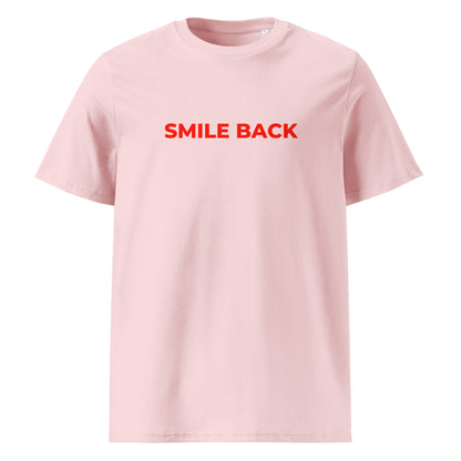 Smile Back organic graphic T-shirt with playful flirty quote printed on front in minimalist design