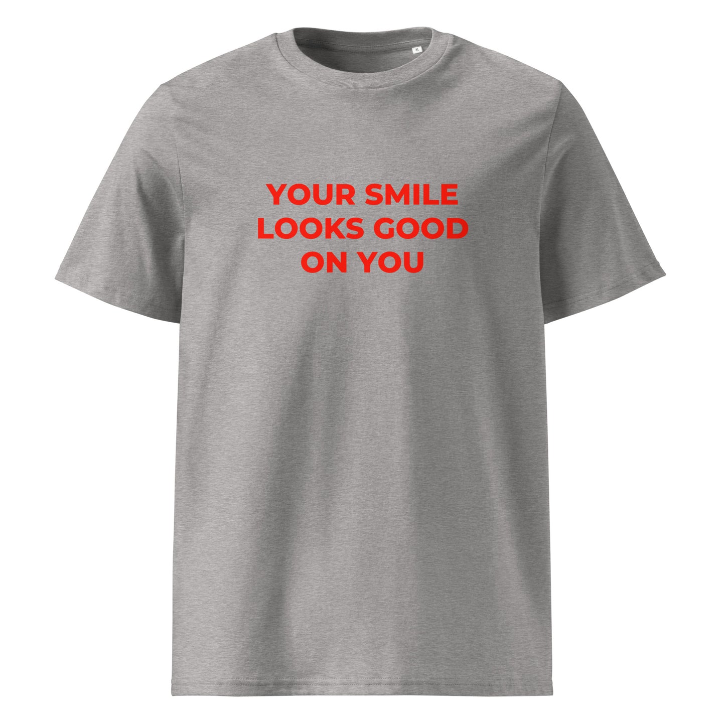 Your Smile Looks Good on You organic graphic T-shirt with positive quote printed on front in minimalist design