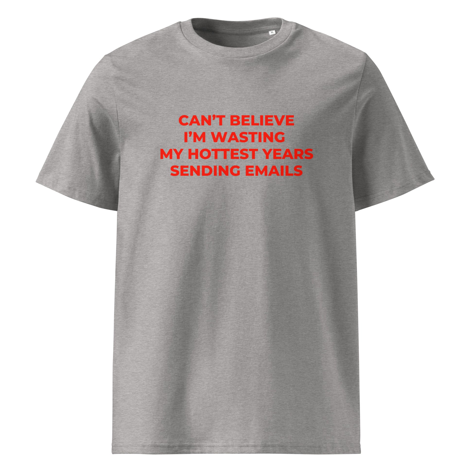 Can’t Believe I’m Wasting My Hottest Years Sending Emails organic graphic T-shirt with funny work culture quote printed on front in minimalist design