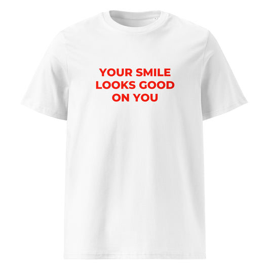Your Smile Looks Good on You organic graphic T-shirt with positive quote printed on front in minimalist design