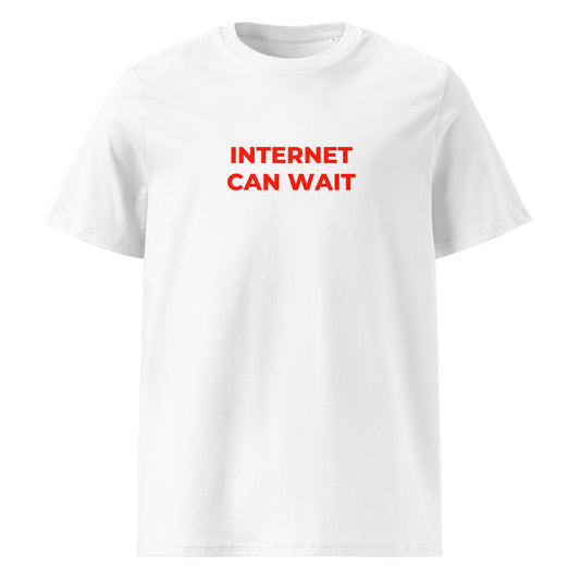 Internet Can Wait organic graphic T-shirt with smart digital life quote printed on front in minimalist design