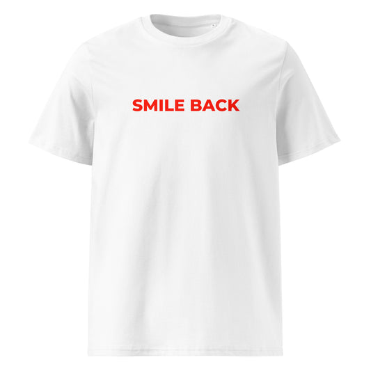 Smile Back organic graphic T-shirt with playful flirty quote printed on front in minimalist design